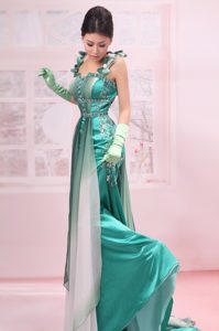 2014 Latest Turquoise Long Prom Party Dresses with Appliques and Straps