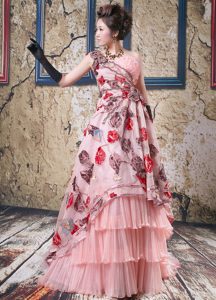 2014 Latest Single Shoulder Pink Prom Party Dress with Layers and Printing
