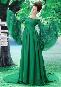 New Arrival Scoop Green Court Train Prom Party Dress with Long Sleeves