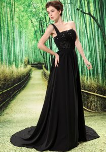 Custom Made One Shoulder Black Prom Dresses for Ladies with Appliques