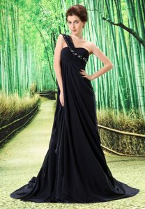 Brand New One Shoulder Black Court Train Dress for Prom with Appliques