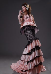 Pink and Black Mermaid Strapless Prom Gowns with Lace and Ruffle-layers