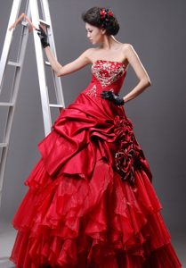 Perfect Strapless Red Full-length Prom Dresswith Flowers and Ruffles