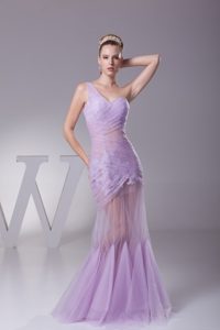 New Style One Shoulder Lavender Mermaid Prom Dress with Sheer Waist
