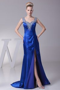 Formal Beading Wide Straps Sweep Train Prom Dresses with with High Slit
