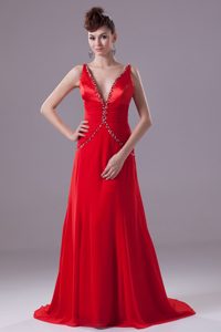 Red V-neck Prom Pageant Dresses with Beading and Ruching