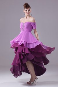 Dressy Off The Shoulder High Low Purple Prom Dress with Ruffled Layers