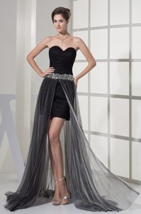 Top Sweetheart High Low Black Prom Evening Dress with Beaded Ribbon