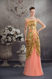 Most Popular Gold Paillette and Flowers Decorated Prom Gowns in Peach