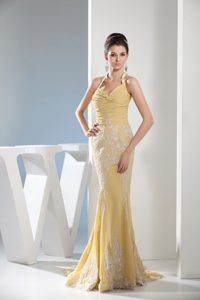 Popular Mermaid Halter Gold Prom Dress with White Appliques and Ruche