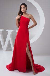One Shoulder High Slit Prom Dresses with Side Zipper in Red