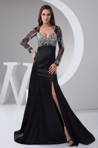 Beaded and High Slitted Black Prom Nightclub Dresses with Long Sleeves