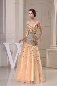 Sequin Tulle Sweetheart Gold Prom Maxi Dresses with Ruche and Beading