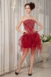 Amazing Wine Red Strapless Mini-length Prom Evening Dress with Beading