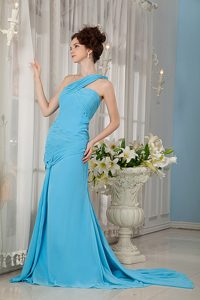 Best Aqua Blue Empire One Shoulder Prom Dresses in Chiffon