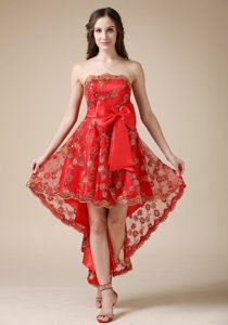 Gorgeous Red Strapless High-low Prom Dress for Ladies with Bow
