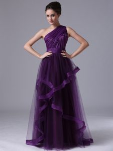 Nice One Shoulder Tulle Empire Purple Ruched Zipper-up Dress for Prom