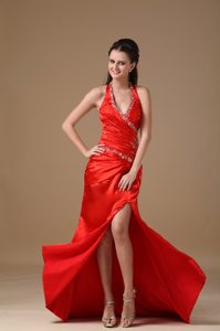 Perfect Red Halter Taffeta Prom Nightclub Dress with Beading
