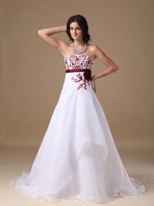 Nice Strapless Court Train Organza Prom Bridesmaid Dress with Appliques