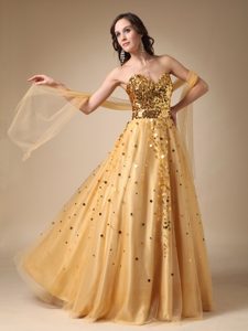 Traditional Gold Sweetheart Prom Party Dresses in Sequins and Tulle
