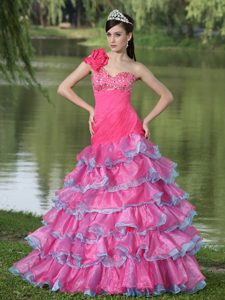 Classic One Shoulder Beaded Prom Formal Dress with Handmade Flowers