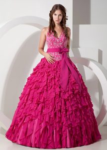 Hot Pink Ball Gown Halter Embroidery Quinceanera Dresses with Ruffles in Chiffon