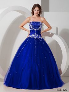 Strapless Ball Gown Taffeta and Tulle Dress for Quince with Appliques and Beading