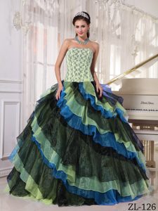 Multi-color Ball Gown Strapless Organza Quinceanera Dress with Beading for Cheap