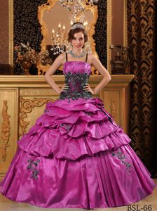 Fuchsia Ball Gown Straps Quinceanera Dress in Taffeta with Pick Ups and Appliques