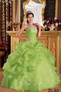 Ball Gown Strapless Organza Quinceanera Dress with Embroidery in Yellow Green