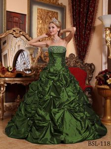 Olive Green Strapless Taffeta Prom Dresses for Quince with Shining Beading