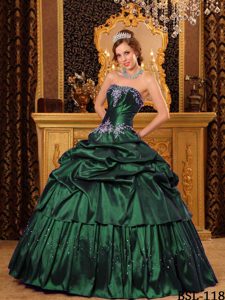 Remarkable Strapless Appliqued Dress for Quince in Green Taffeta with Pick Ups