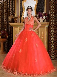 New Rust Red Halter Top Appliqued Tulle Dress for Quince Best Seller Nowadays