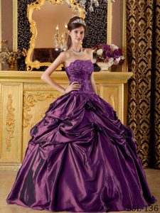Eggplant Purple Appliqued Quinceanera Dress with Hand Flowers Made in Taffeta