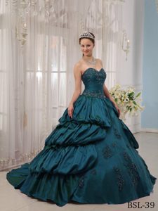 Teal Sweetheart Court Train Taffeta Appliqued Quinceanera Dress with Pick Ups