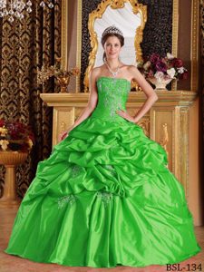 Green Ball Gown Strapless Dress for Quince with Pick-ups and Appliques in Taffeta