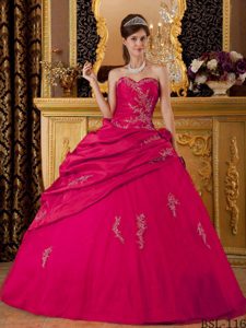 Elegant Sweetheart Taffeta Appliqued Dresses for Quince in Hot Pink Best Seller