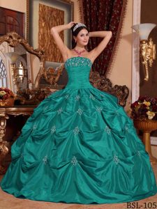 Turquoise Ball Gown Strapless Taffeta Quinceanera Formal Dress with Appliques