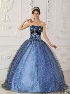 Black and Blue Ball Gown Strapless Dress for Quince in Taffeta and Tulle on Sale