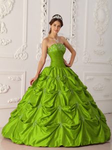 Cute Olive Green Ball Gown Strapless Ruffled Quinceanera Gown in Taffeta