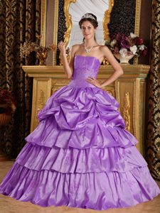 Cheap Lavender Strapless Taffeta Quince Dress with Beading and Ruffles