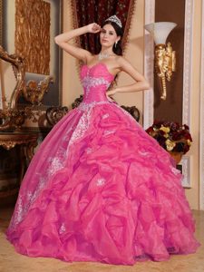 Sweetheart Organza Hot Pink Ruffled Sweet Sixteen Dresses with Beading