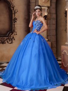 Blue Sweetheart Cheap Beaded Quinceaneras Dresses in Organza