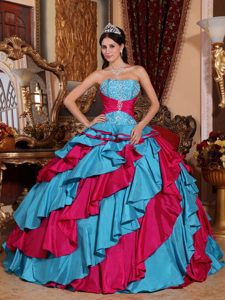 Strapless Affordable Aqua Blue and Red Quince Dresses with Embroidery
