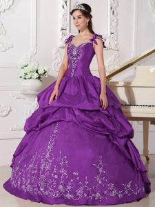 Sweet Straps Purple Taffeta Sweet 16 Dress with Embroidery and Beading