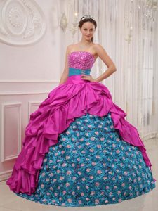 Hot Pink and Blue Strapless Beaded Taffeta Low Price Quinceanera Dress