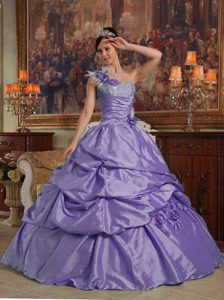 Purple Ball Gown One Shoulder Quince Dresses with Flowers and Beading