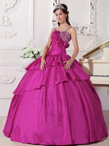 Straps Cheap Fuchsia Taffeta Quinces Dresses with Beading and Flowers