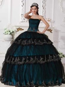 Elegant Strapless Blue and Black Dress for Quinceanera in Taffeta and Tulle