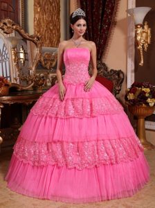 Beautiful Pink Lace Organza Sweet 16 Dresses with Beading and Appliques